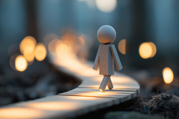 Wooden figure walking forward on illuminated path through forest, symbolizing courage, determination, and moving toward positive change and new beginnings 
