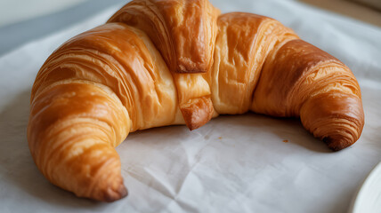 Golden brown croissant with flaky layers on parchment paper