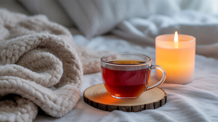 A cup of tea on a wooden coaster beside a lit candle and a cozy knit blanket on a bed