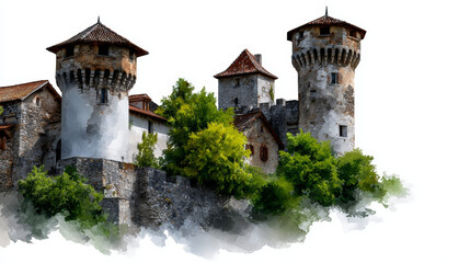 Watercolor medieval castle appears majestic with its towers and stone walls, evoking sense of history and fantasy