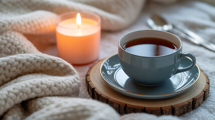 A cup of tea on a wooden coaster next to a lit candle and cozy knit blanket