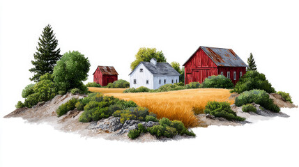 Watercolor rural countryside barn field evokes sense of peace and simplicity, celebrating charm of farm life