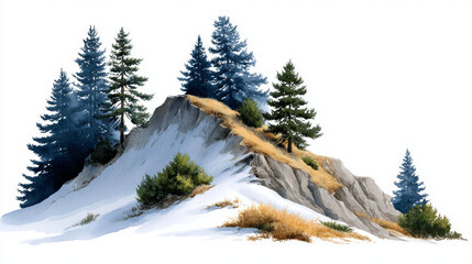 Watercolor snowy hill with pine looks serene and calming, scene offers peaceful winter view, so beautiful and idyllic