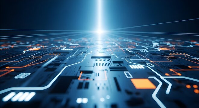 Abstract futuristic digital circuit board with glowing blue light beam in the center