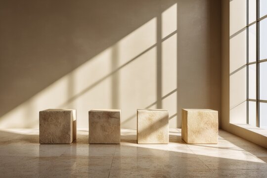 Row of four rectangular sandstone plinths on travertine floor with long shadows, minimalist display for e-commerce product listing backdrop

