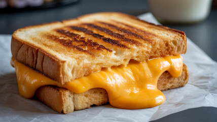 Grilled cheese sandwich with melted cheese oozing from toasted bread