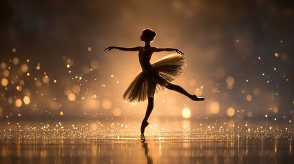 Silhouetted ballet dancer in a tutu performing on stage with sparkling lights and shimmering bokeh creating a magical enchanting atmosphere elegant classical dance performance in a night theater scene