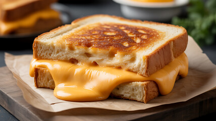 Grilled cheese sandwich with melted cheese oozing out, served on parchment paper