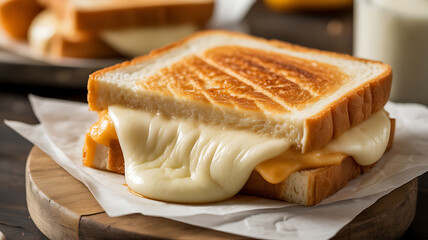 Grilled cheese sandwich with melted cheese oozing out, served on parchment paper on a wooden board