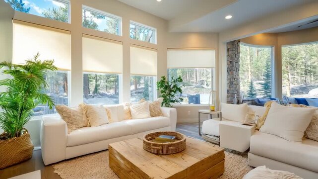 Seasonal daylight variation captured in a bright living room where automated window tinting adapts to changing sun angles for UV protection.