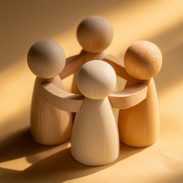 Wooden figures gathered together in soft warm light, one figure being welcomed back into group, symbolizing friendship, teamwork, inclusion, and emotional support for mental health awareness.