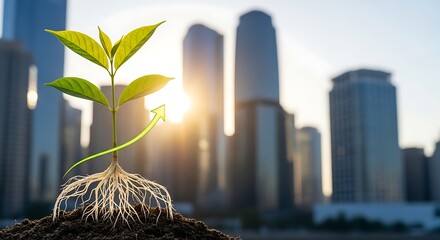 Urban Growth: Sprout Against Cityscape with Arrow