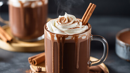 Steaming hot chocolate in a glass mug topped with whipped cream, cinnamon stick, and cocoa drizzle