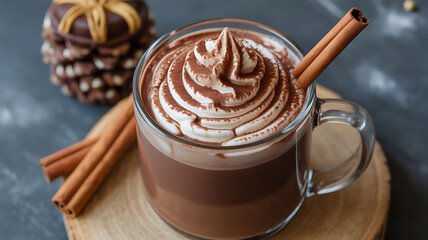 A glass mug of hot chocolate topped with whipped cream and cinnamon, served with a cinnamon stick on a wooden coaster.