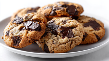 Freshly baked chip cookies looks delicious on white plate, inviting anyone who sees them to enjoy every bite with their rich chocolate flavor