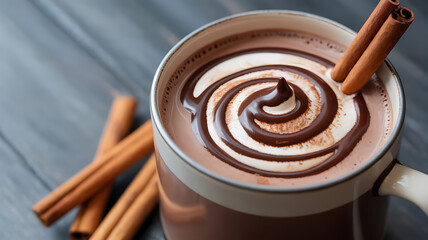 Hot chocolate with chocolate swirl and cinnamon stick garnish in a ceramic mug on a wooden surface