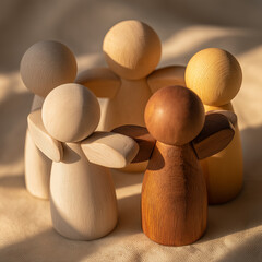 Wooden figures gathered together in soft warm light, one figure being welcomed back into group, symbolizing friendship, teamwork, inclusion, and emotional support for mental health awareness.
