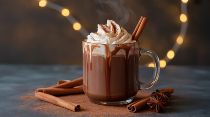 Hot chocolate with whipped cream, cinnamon stick, and star anise in a glass mug, surrounded by spices on a dark surface with warm bokeh lights in the background.