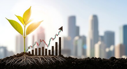 Sustainable Growth: Plant Sprout with Financial Chart Over Cityscape