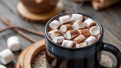 Steaming hot chocolate with marshmallows in a ceramic mug on a wooden table