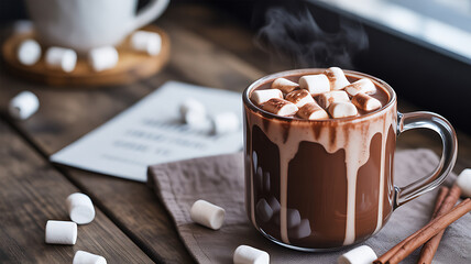 Steaming hot chocolate with marshmallows in a glass mug on a wooden table