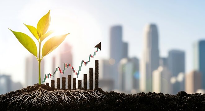Sustainable Growth: Plant Sprout with Financial Chart Over Cityscape