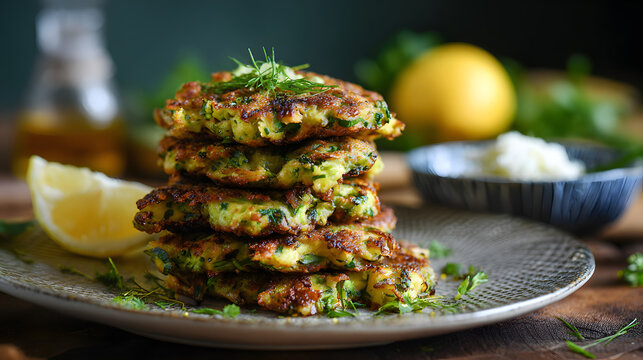 Zesty broccoli fritters stacked high, infused with herbal whispers, capture the essence of Green Monday and National Vegetarian Week