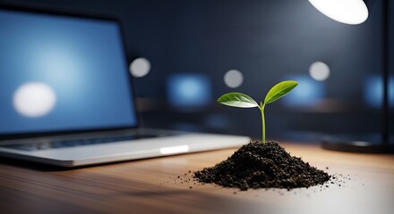 Digital Growth: Sprout Emerging Near Laptop