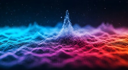 Abstract digital sound wave visualization with vibrant neon colors and glowing particles