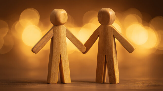 Wooden human figures holding hands under golden light, showing unity, care, and inclusion as symbol of emotional recovery and friendship. 
