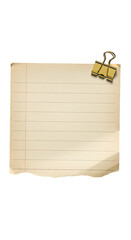 A crumpled piece of aged parchment paper with handwritten text and a brass binder clip isolated on transparent background