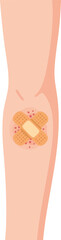 Minimal flat illustration of a human knee with crossed adhesive bandages covering a wound, ideal for first aid, injury care, and healthcare concepts