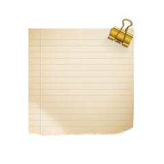 Torn beige paper note with lines and a gold binder clip attached isolated on transparent background