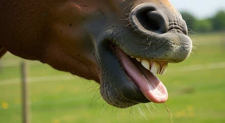 Close-up of a brown horse face with tongue out, showing teeth and nose in a grassy field