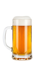 A refreshing glass mug filled with golden amber beer topped with a thick white foam isolated on transparent background