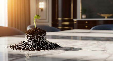 Sprout with Exposed Roots on Marble Surface