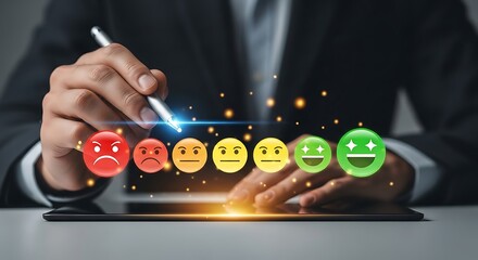 Customer satisfaction survey with a hand using a stylus to select a positive emoji feedback rating