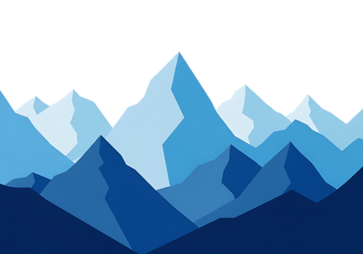 Stylized abstract blue mountain range landscape with sharp peaks and facets isolated on transparent background