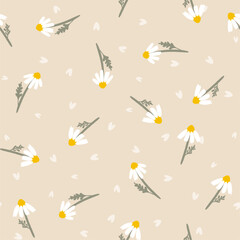 Vector chamomile seamless pattern. Hand drawn white flowers and love hearts on beige background. Floral cute print for summer wallpaper, fashion print design, fabric, textile, decoration, wrapping.