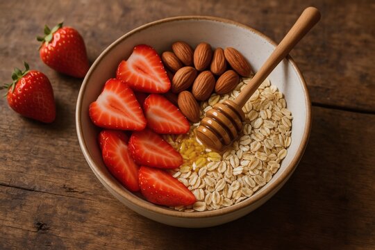 bowl of oatmeal with strawberries almonds and honey on a wooden surface top view