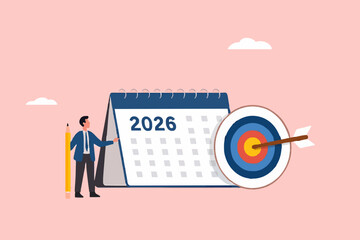 2025 new business target, new year resolutions success plan or career achievement concept vector illustration, businessman carrying pencil with calendar and target board illustration