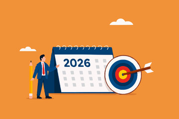 2025 new business target, new year resolutions success plan or career achievement concept vector illustration, businessman carrying pencil with calendar and target board illustration