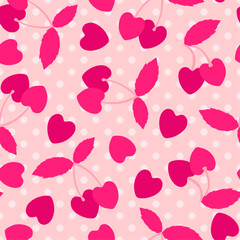 Sweet love cherry seamless pattern. Vector summer fruit print with red heart shaped cherries on pink dotted background. Cute berry texture for wrapping, fabric, valentine decoration, textile, fashion.