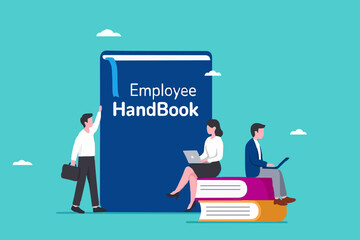employee handbook, procedure book or company rules, company introduction guidebook for new employees, business manual to success, male and female employees read and understand the employee handbook