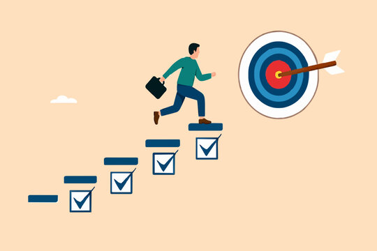 personal development goals for work, train specific skills or competencies to achieve career success, self improvement or career growth, Businessman walk up checklist as a ladder to reach target