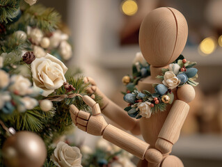 Wooden mannequin arranging decorations and garlands on Christmas tree, representing unity and love.