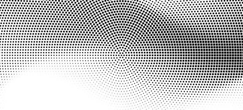 Square halftone radial dotted background. Dots comic gradient texture. Black halftone rough grit overlay. Concentric dirt gradation wallpaper. Grunge gritty circular pop art cartoon backdrop. Vector