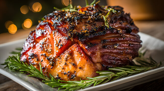 Succulent, honey-glazed ham with aromatic rosemary whispers holiday enchantment, reminiscent of Yule feasting and rustic solstice gatherings
