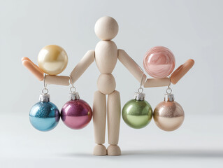 Wooden mannequin balancing elegant glass Christmas ornaments in hands, conveying harmony, care, and the magic of the holiday season, captured in minimalistic style with a bright white background.