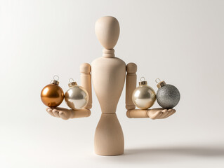 Wooden mannequin balancing elegant glass Christmas ornaments in hands, conveying harmony, care, and the magic of the holiday season, captured in minimalistic style with a bright white background.